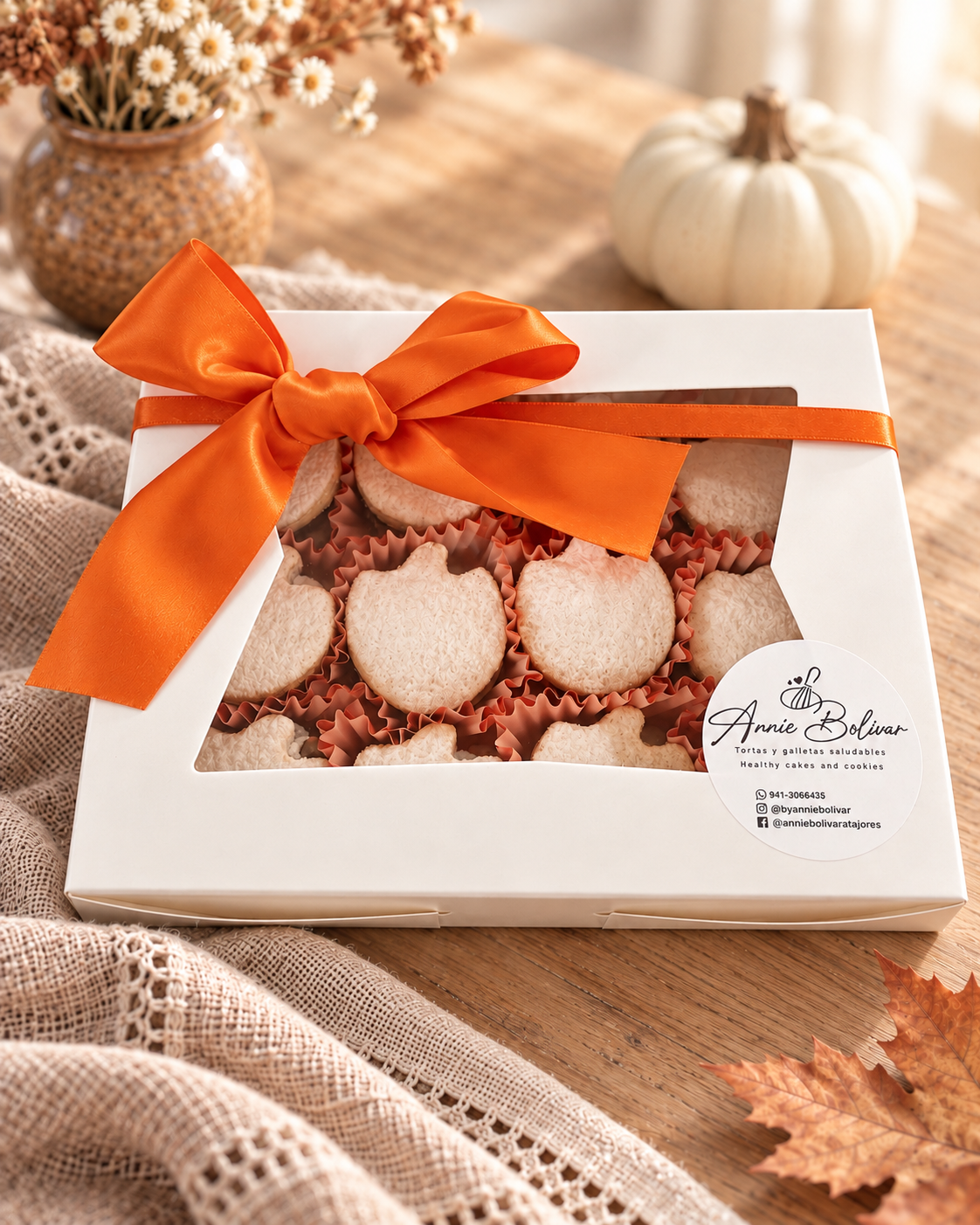 Caja de 12 alfajores tradicionales en forma de calabaza con lazo naranja