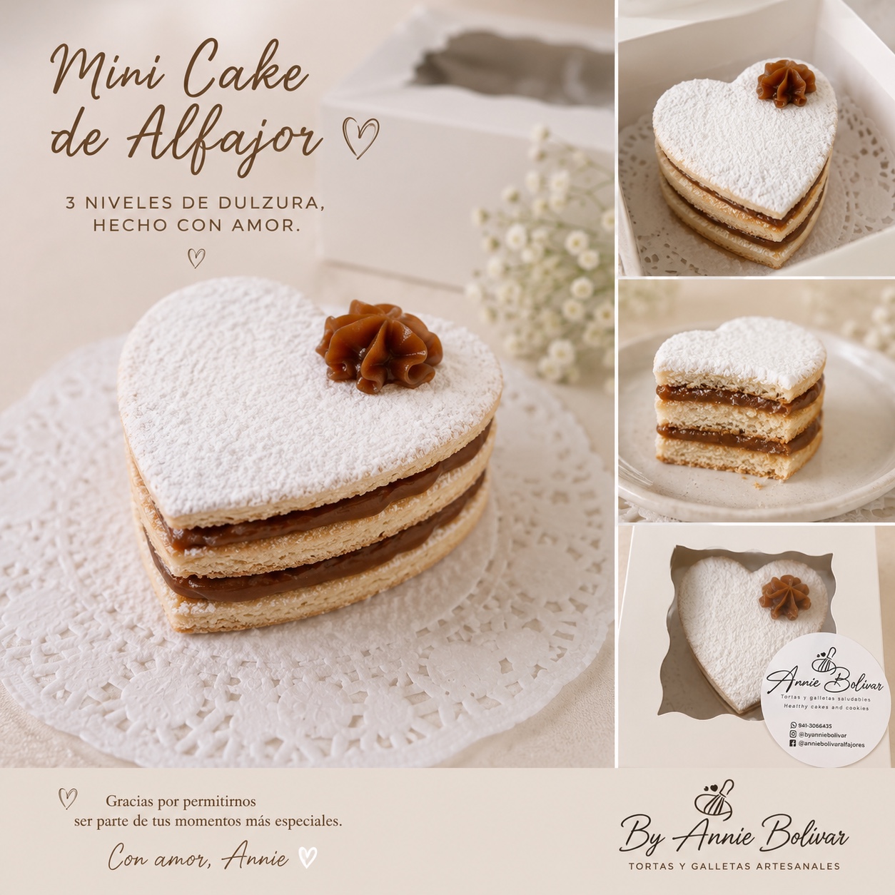 Mini cake artesanal de alfajor en forma de corazón con tres niveles